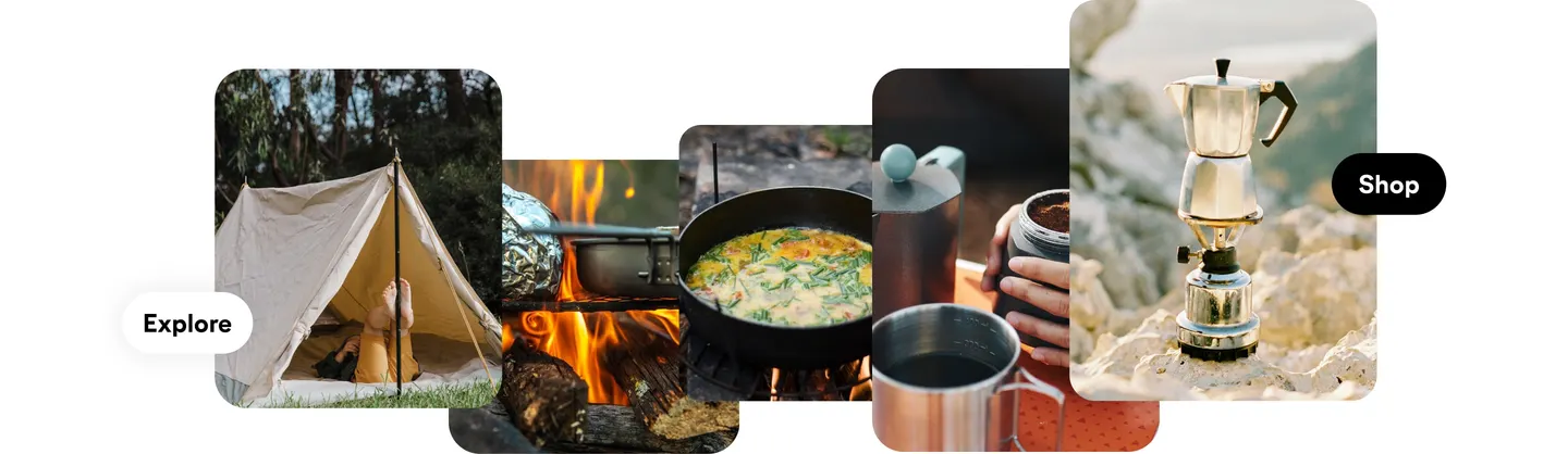 A row of Pinterest Pins for a camping trip, a tent, a campfire skillet and a coffee pot, labelled Explore and Shop