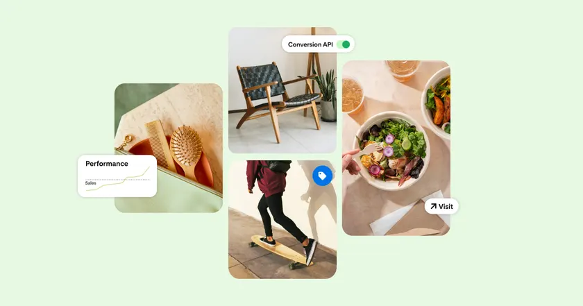 Pinterest Pins with a performance chart, a Conversions API switch and a Visit button