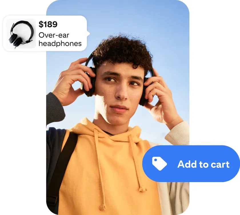Pinterest shopping ad showing over-ear headphones with a $189 price and an Add to cart button
