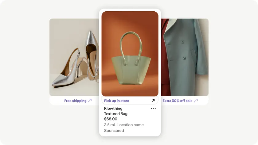 Pinterest shopping ad with Pick up in store, Free shipping and sale labels on a handbag product Pin