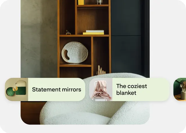 Pinterest showcase ad example with cards for statement mirrors and a cozy blanket