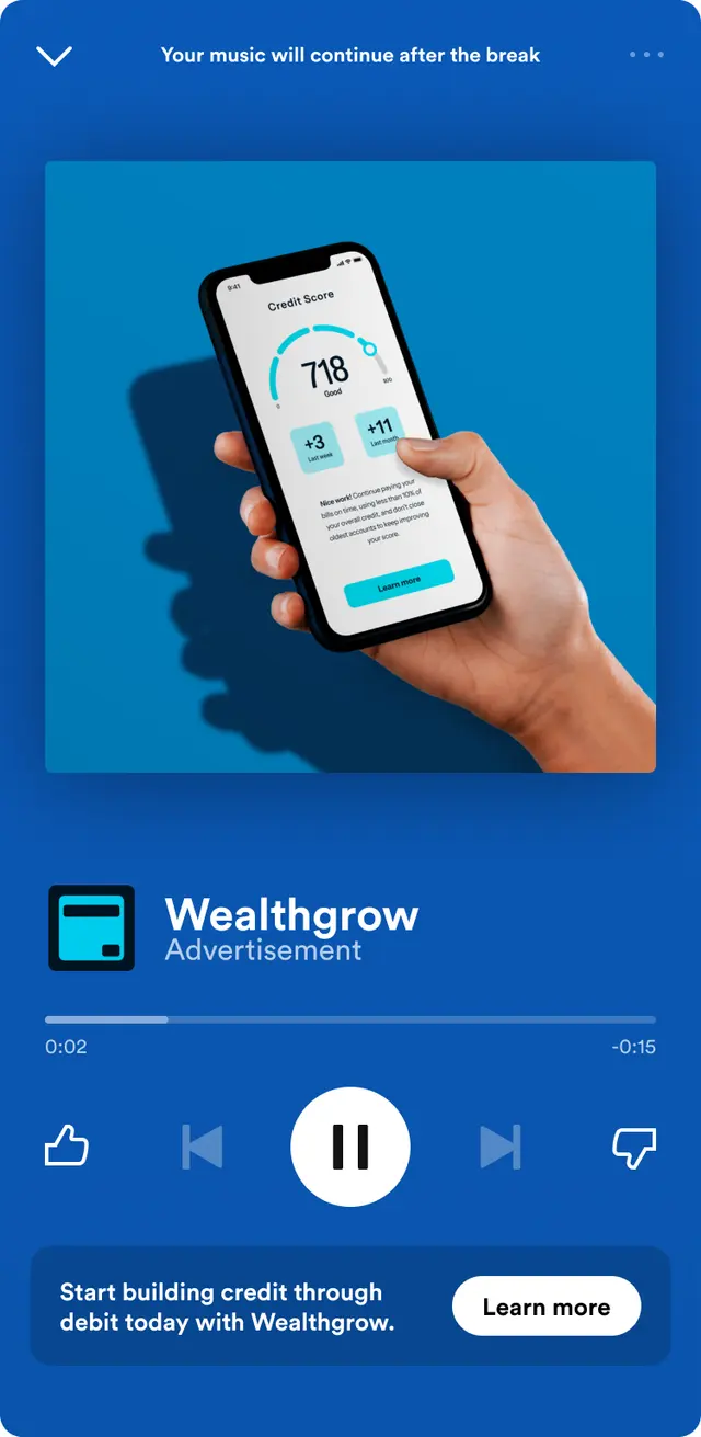 Spotify Now Playing screen showing an audio ad for a demo finance brand with a Learn more button