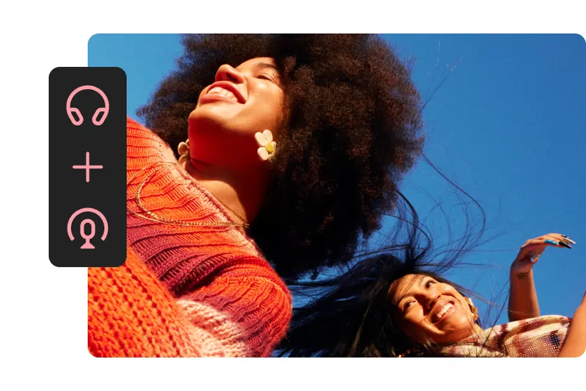 Smiling woman in the sun with an audio ad reach figure beside her