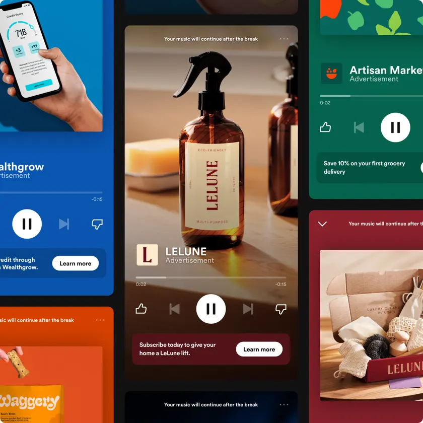 Collage of Spotify audio, video and podcast ads for demo brands on phone screens