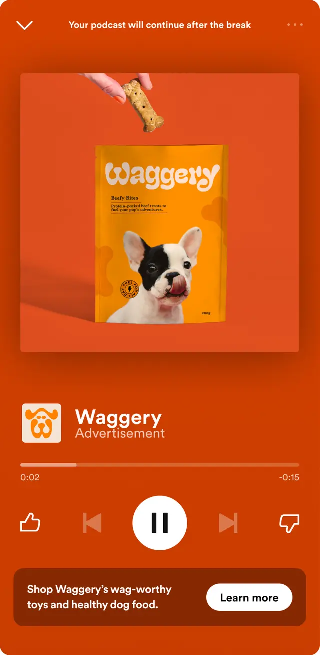Spotify podcast ad for a demo pet food brand with a Learn more button