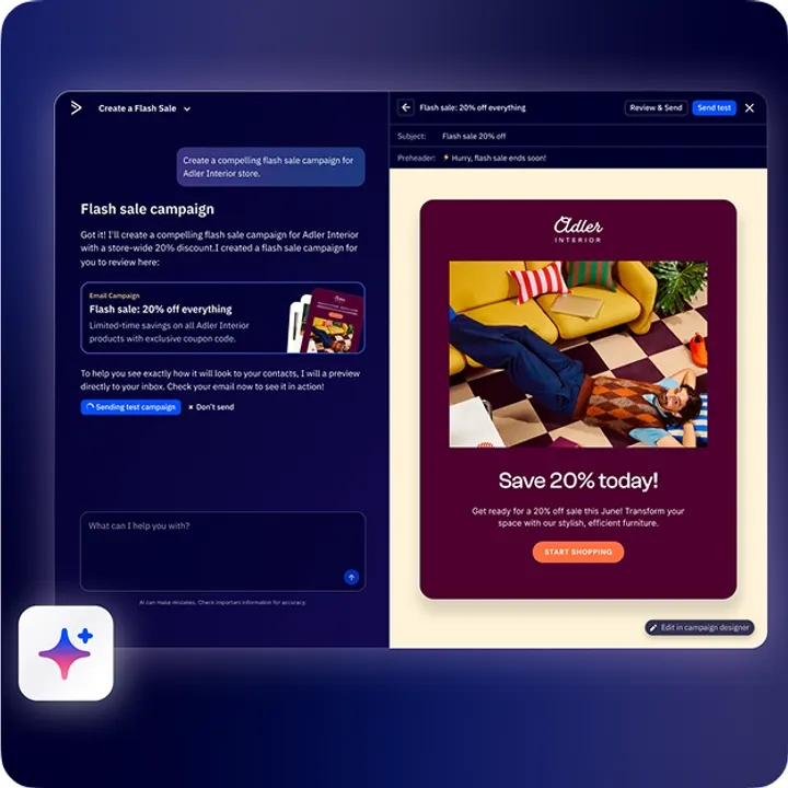 ActiveCampaign AI assistant drafting a flash sale email campaign from a short prompt