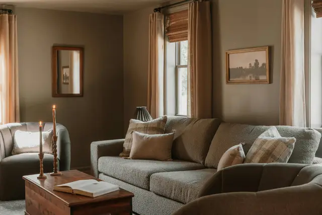 Cozy living room with a sofa, armchair and warm lamplight