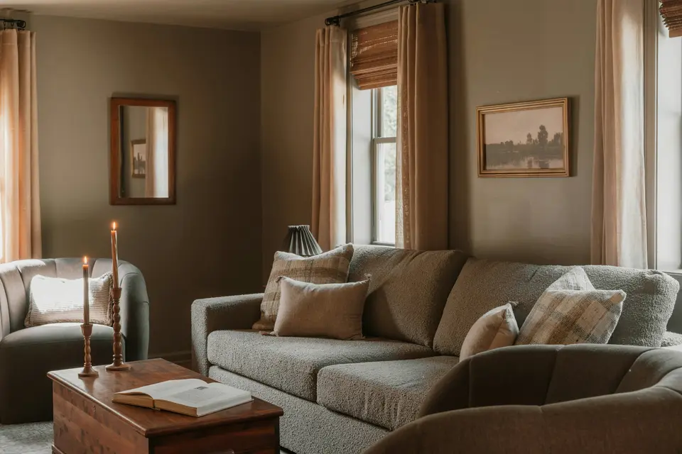 Cozy living room with a sofa, armchair and warm lamplight