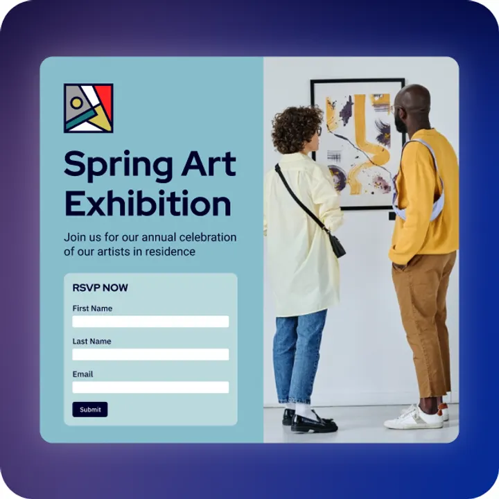ActiveCampaign landing page for an art exhibition with an RSVP form