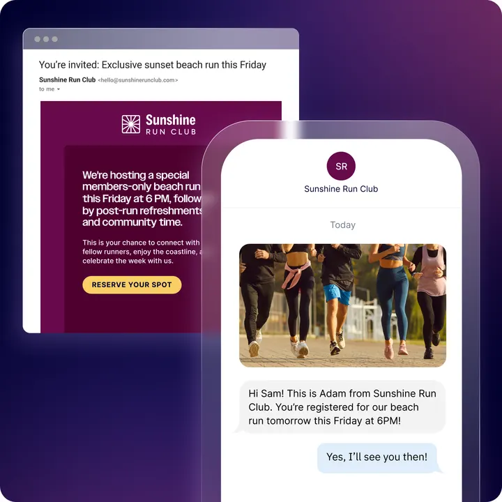 ActiveCampaign event invitation email and a follow-up text message confirming a club event
