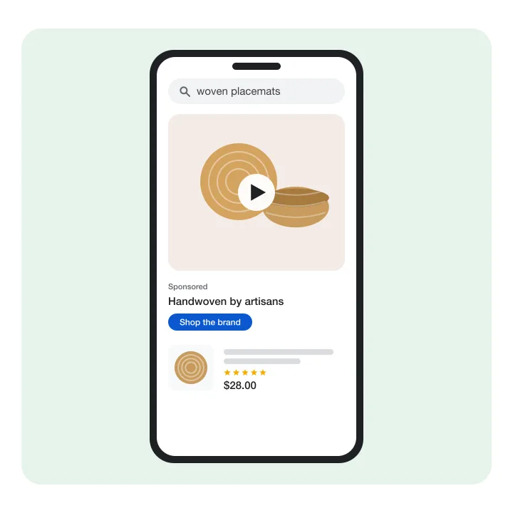 Illustration of a brand video ad for handwoven placemats at the top of mobile search results