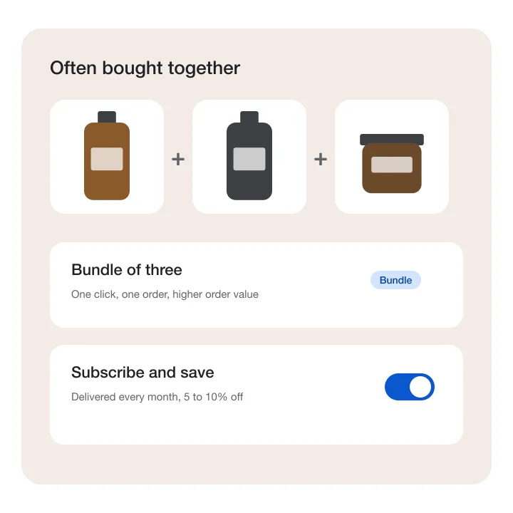 Illustration of three hair care products bought together, a bundle offer and a subscribe and save switch
