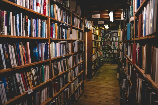 Narrow bookshop aisle between tall wooden shelves packed with books