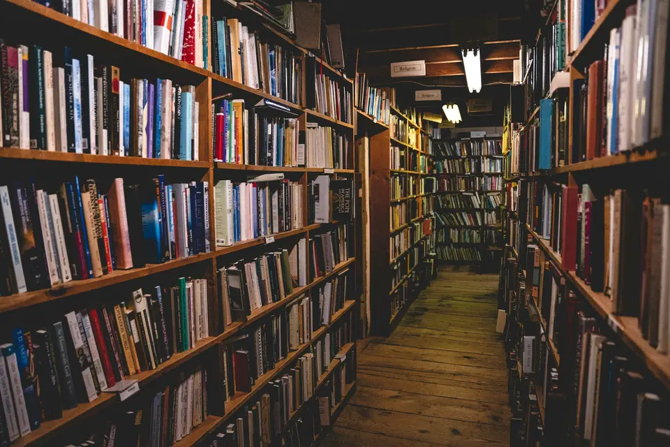 Narrow bookshop aisle between tall wooden shelves packed with books