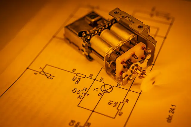 Electrical component resting on a printed circuit schematic under warm light