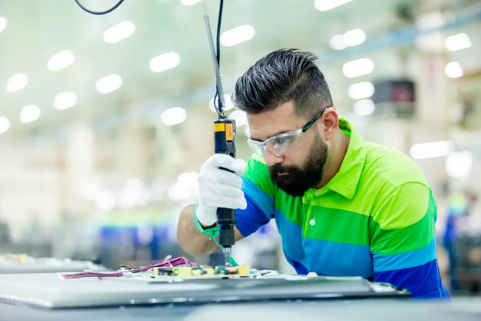 Technician in safety glasses assembling an electronic component on a production line