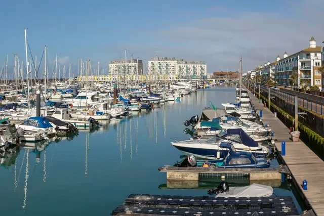Boats moored in rows at a marina beside waterfront apartments