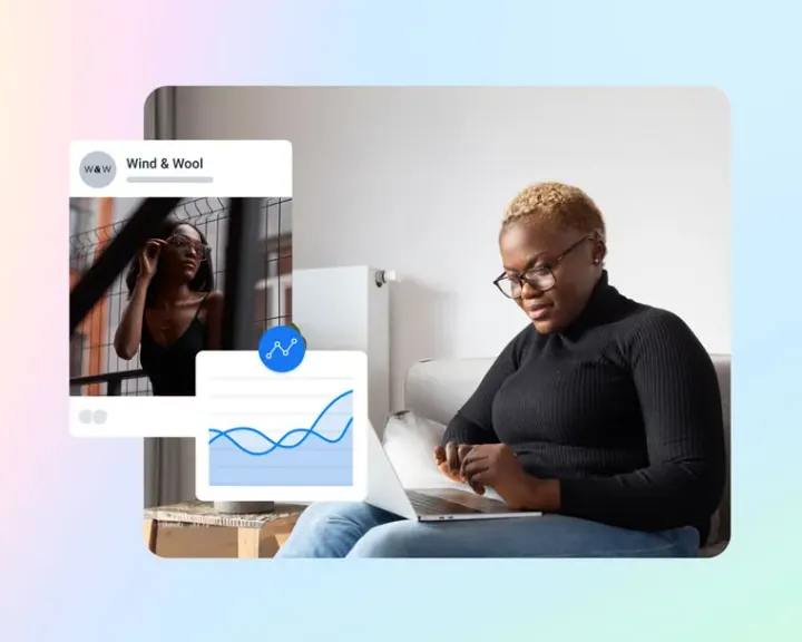 Meta illustration of a marketer at her laptop, with an Instagram ad and a performance chart beside her