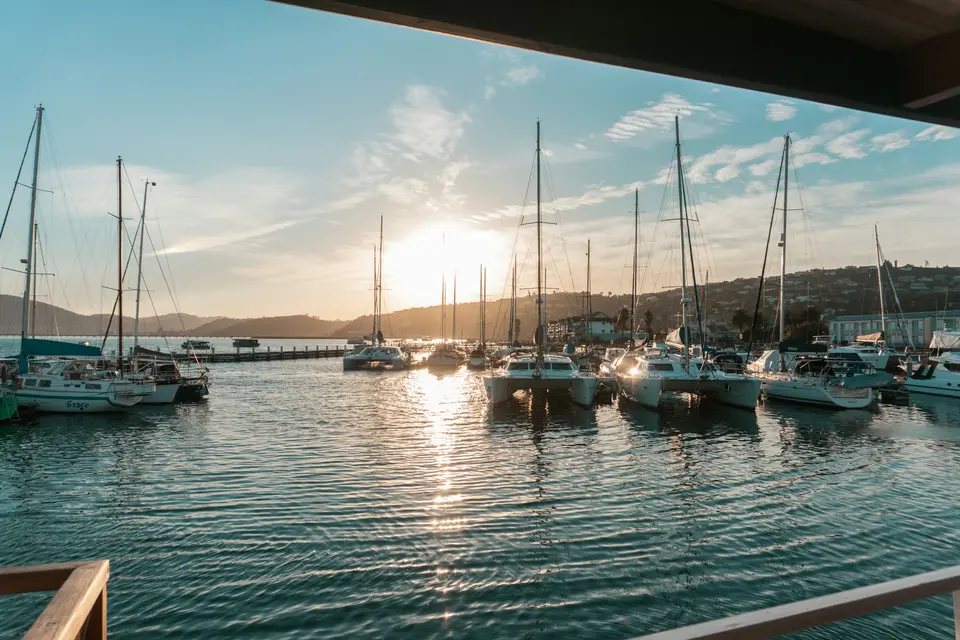 Boats moored in a calm marina at sunset