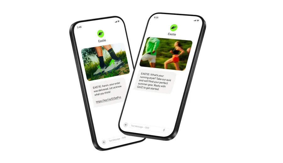 Two phones showing promotional text messages sent with Klaviyo SMS