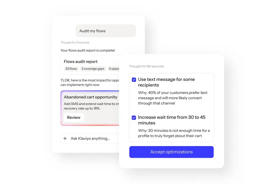 Klaviyo AI flow audit recommending a text message and a longer abandoned cart wait