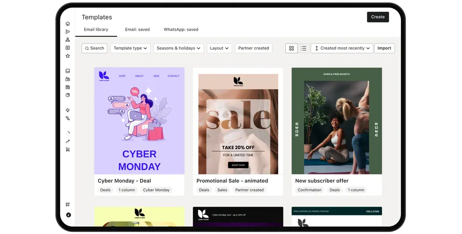 Klaviyo email template library with promotional and new subscriber designs