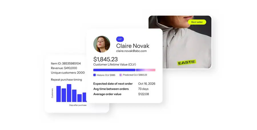 Klaviyo customer analytics cards with lifetime value and purchase trends