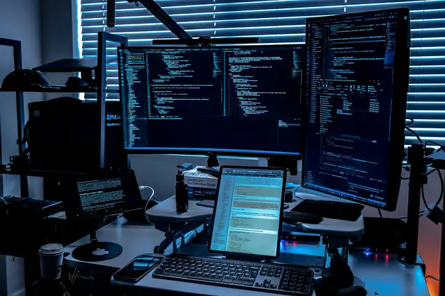 Developer workstation with several monitors showing code in a dim office