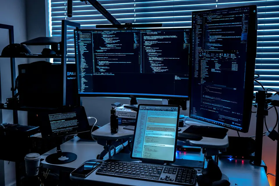 Developer workstation with several monitors showing code in a dim office