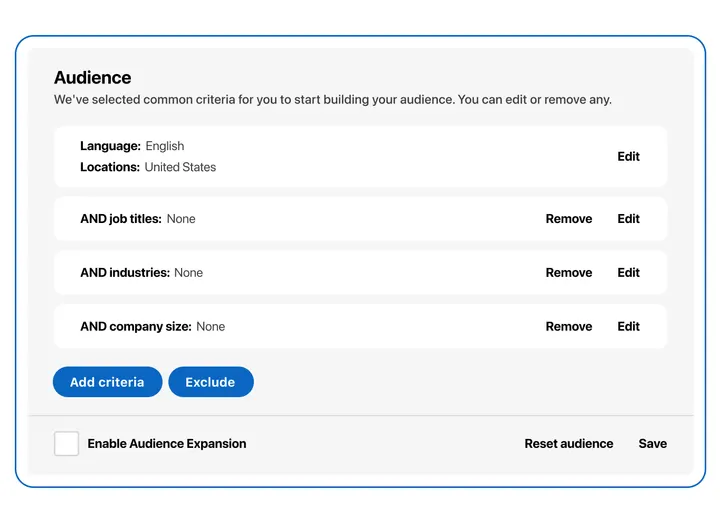 LinkedIn example of audience settings with job title, industry and company size criteria