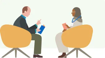 LinkedIn illustration of two professionals in conversation, representing credibility built with Thought Leader Ads