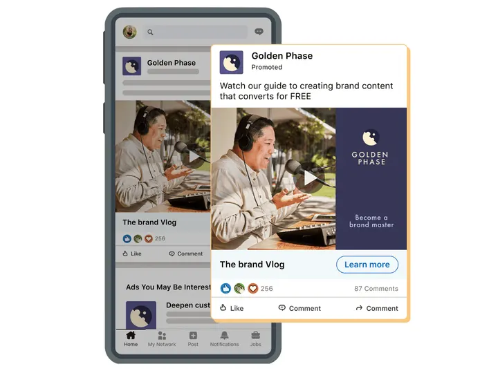 LinkedIn example of a promoted video post in the mobile feed with a Learn more button