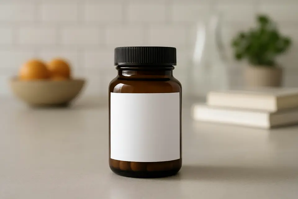 Plain amber supplement jar on a wooden table beside a bowl and a plant