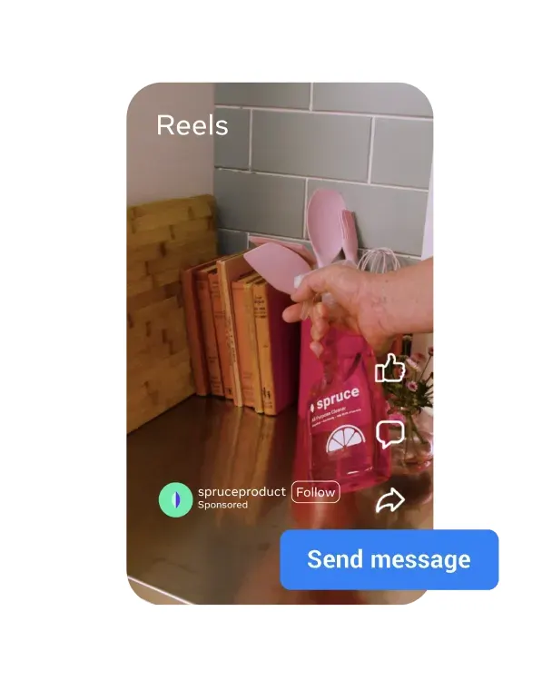 Meta example of a Reels ad with a Send message button that opens a chat