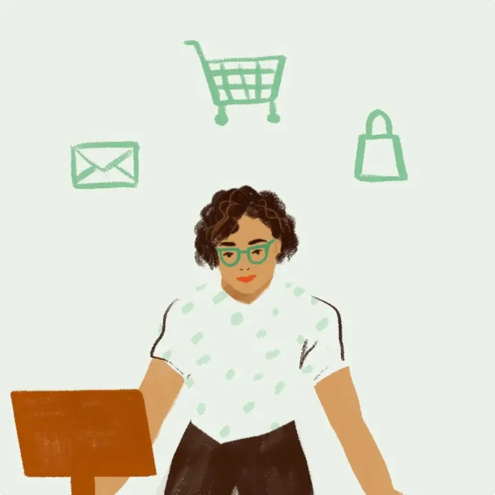Meta illustration of a shopper buying at a store counter and online, with cart, bag and email icons