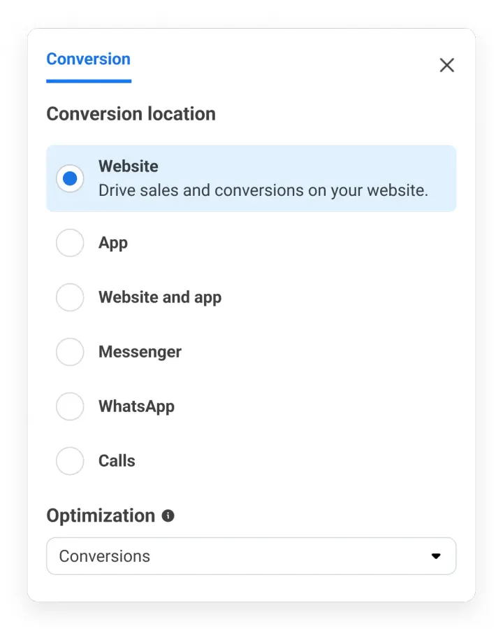Meta Ads Manager conversion location settings: website, app, Messenger, WhatsApp and calls
