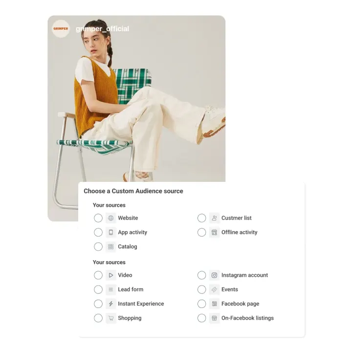 Meta Ads Manager menu for choosing a custom audience source, such as a customer list, offline activity or lead form