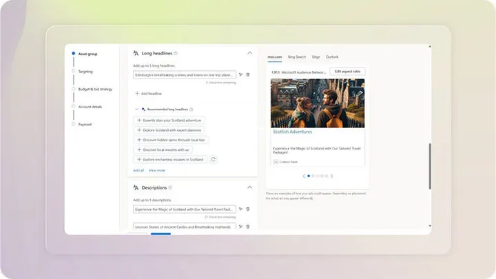 Copilot in Microsoft Advertising suggesting headlines and images for an ad