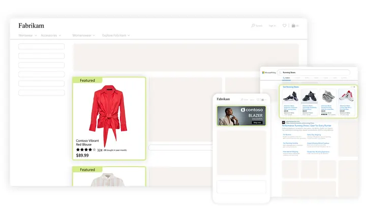 Microsoft Advertising example of a featured shopping ad shown on desktop and mobile search results