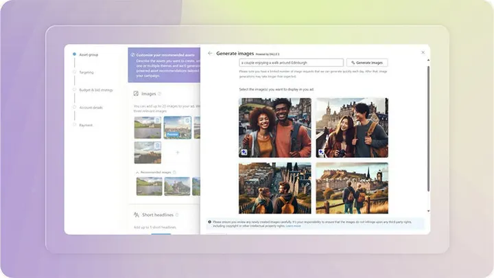 Copilot in Microsoft Advertising generating travel images of a couple walking through a city