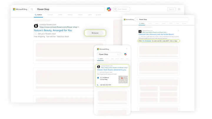Microsoft Advertising example of a Bing search ad with links and details shown on desktop and mobile