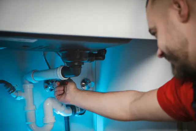 Plumber in a red shirt fitting white drain pipes under a sink
