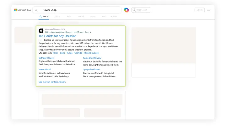 Microsoft Advertising example of a Bing search ad with extra links and details below the headline