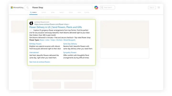 Microsoft Advertising example of a Bing search ad with sitelinks and a short description