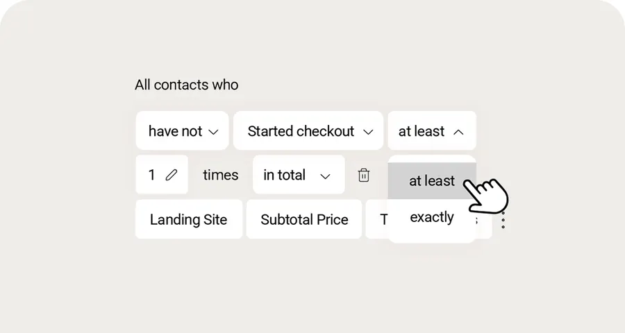 Omnisend segment builder with conditions for started checkout, times and subtotal price