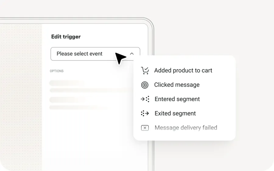 Omnisend workflow trigger menu with added product to cart, clicked message and segment events