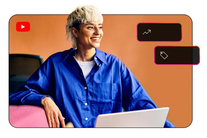 Google illustration of a woman with a laptop inside a YouTube frame with product and trend labels