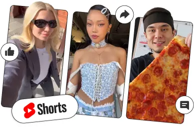 Google illustration of three creators in vertical YouTube Shorts frames