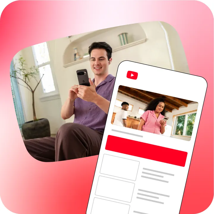 Google illustration of a man on a sofa with a phone showing a YouTube watch page and an ad
