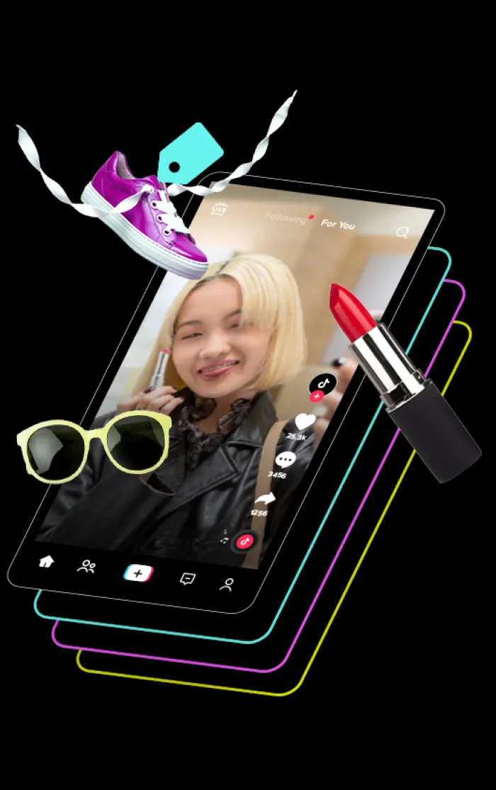 Phone showing a TikTok shopping video surrounded by sneakers, sunglasses and lipstick from a product catalog